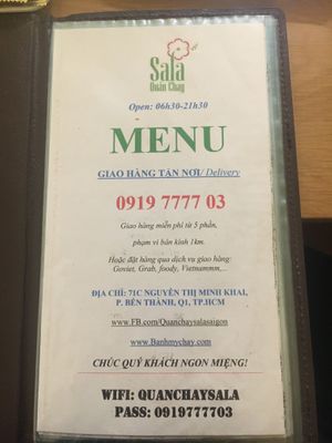 Menu at Sala in Ho Chi Minh City