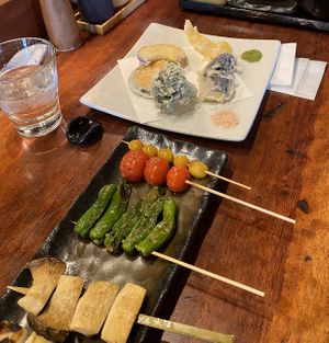 Vegetable yakitori and vegetable tempura at Gonpachi - Shibuya in Tokyo