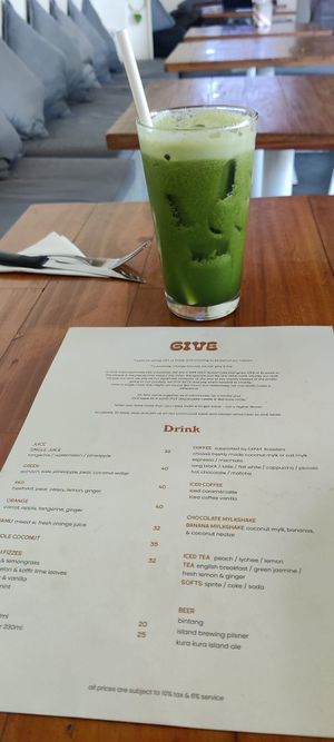 Green juice + menu at Give Cafe in Canggu