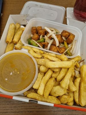 Vegan salt and chillie box with tofu option and satay sauce at China Express Finaghy Takeaway in Belfast