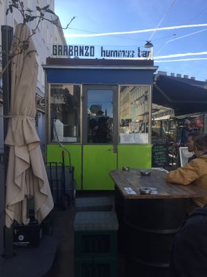 The Garaboza stand from their seating at Garbanzo - Falafel & Hummus Bar in Vienna
