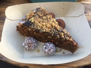 The scrumptious carrot cake and less scrumptious energy balls. at Garbanzo - Falafel & Hummus Bar in Vienna