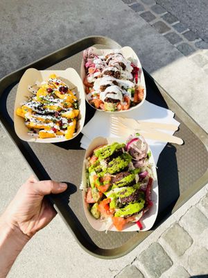 Halloumi Fries, Hummus and Black Beans Falafel & Hummus and Classic Falafel.  at Garbanzo - Falafel & Hummus Bar in Vienna
