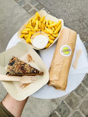 Cauliflower Shawarma Wrap, Za'atar Fries & Vegan Mayo [soy-free], and Carrot Cake [vegan & gluten-free] at Garbanzo - Falafel & Hummus Bar in Vienna