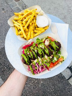 Hummus & Black Beans Falafel Bowl and Za'atar Fries with Vegan Mayo [soy-free] at Garbanzo - Falafel & Hummus Bar in Vienna