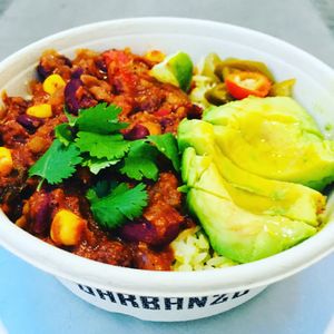 Chilli Sin Carne with Cardamom Infused Rice, Avocado, Fresh Coriander, Lime Wedge &Homemade Chillies [vegan] at Garbanzo - Falafel & Hummus Bar in Vienna