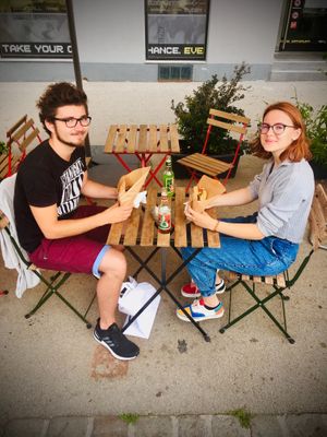 Al fresco dining in Brunnenmarkt / Yppenplatz, Vienna. at Garbanzo - Falafel & Hummus Bar in Vienna