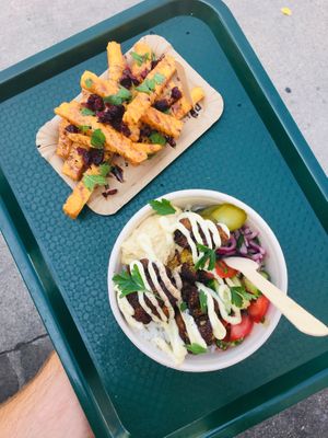 Halloumi Fries & Cauliflower Shawarma with Homemade Hummus & Mayo.
 at Garbanzo - Falafel & Hummus Bar in Vienna