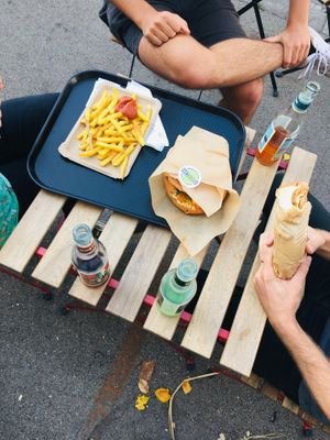 Za'atar Fries, Halloumi & Couscous Pita, Falafel Wrap and  full line-up of Wostok limonades.
 at Garbanzo - Falafel & Hummus Bar in Vienna