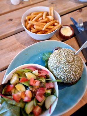Dutch weed burger with fries at Het Slachthuis in Leiden