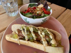 Sausage Beyond meat with salad at Het Slachthuis in Leiden