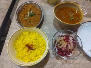 Bhartha, Veg Kofta, slaw and cumin rice at The Indian Streatery in Birmingham