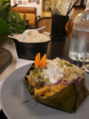 Amok - Khmer national dish. Served with rice. at Khmer Cuisine in Copenhagen