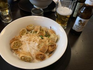 Spring rolls, rice noodles, coconut milk an mint salad   at Khmer Cuisine in Copenhagen