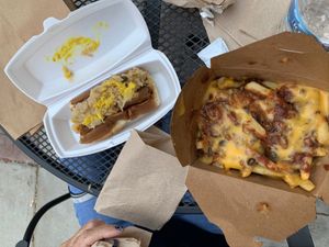 Chili cheese fries, sausage with sauerkraut  at Unburger Grill in Dearborn
