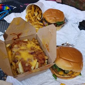 Chili cheese fries, mac style burger, and mushroom cheese burger with fries. at Unburger Grill in Dearborn