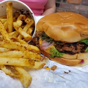 Mushroom cheese burger with fries at Unburger Grill in Dearborn