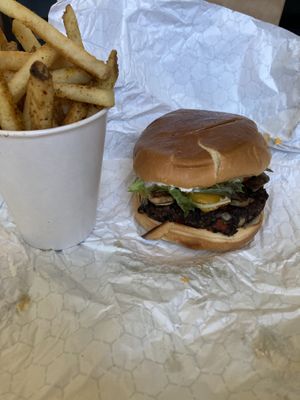 Mushroom Cheese style with a black bean mushroom patty and fries  at Unburger Grill in Dearborn