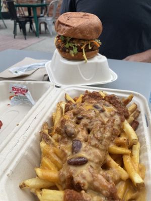 Mustard and maple chickn sandwich and chili cheese fries  at Unburger Grill in Dearborn
