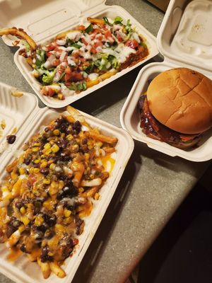 Nacho Fries & BBQ Chick'n Fries & Sweet BBQ burger (old packaging) at Unburger Grill in Dearborn