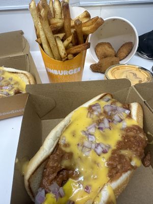 5$ chili cheese dawgs for special vegan month   at Unburger Grill in Dearborn
