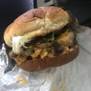 Mushroom Swiss burger on a black bean portobello burger 🤪 yum! at Unburger Grill in Dearborn