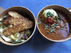 warm salad bowl with tempeh and paprikash with soy chunks and mashed potatoes  at Güjžina - Green One Bistro in Ljubljana