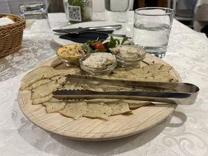 Spread Plate. Nice, but too much coconut butter for one person.  at Güjžina - Green One Bistro in Ljubljana