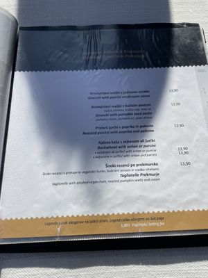 One page of the menu  at Güjžina - Green One Bistro in Ljubljana