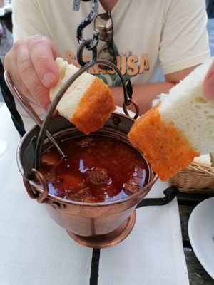 Main of the vegan feast for 2: Bograč, with more bread to dip at Güjžina - Green One Bistro in Ljubljana