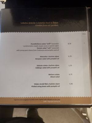 The menu of Gujžina, Slovenian restaurant in Ljubljana at Güjžina - Green One Bistro in Ljubljana