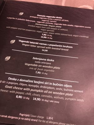 starters menu at Güjžina - Green One Bistro in Ljubljana