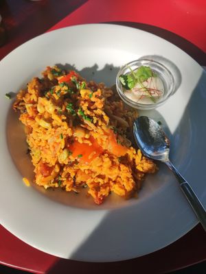 Vegan paella with soy based dip at Wirtshaus am Gehrenber in Markdorf