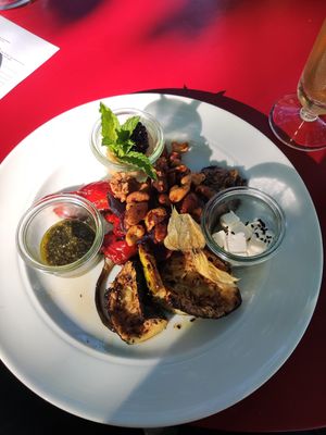 Mixed roasted vegetables with nuts, pesto and hummus. Feta cheese as vegetarian option on side. at Wirtshaus am Gehrenber in Markdorf