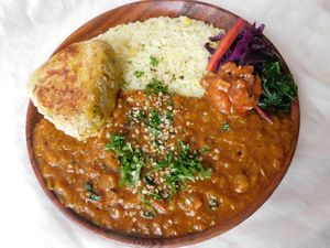 curry rice and samosa combo at Vital Kitchen in Salt Spring Island