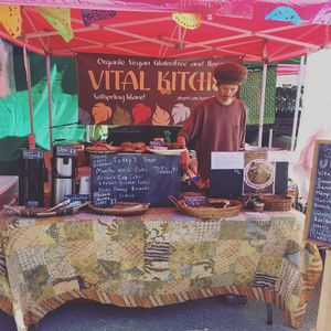 We stand at Tuesday and Saturday market.at
centenial park at ganges. at Vital Kitchen in Salt Spring Island