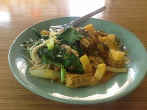 Choice from some Thai food - vegetables and soya protein with curry and Thai herbs at Fa Prathan - Jeh Palem in Phuket