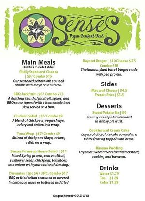 Menu (8/2018) at Senses Vegan Comfort Food in Norfolk