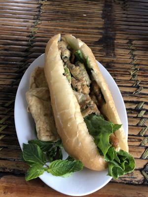 Banh Mi usually with omelette but I asked for tofu and they were happy to do so! It was incredible!!! at Quan 3 Chi Em in Mai Chau