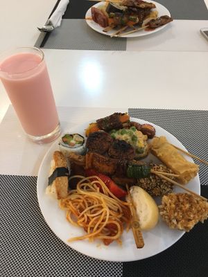 Strawberry soy milk and plate from buffet  at Au Lac Healthy World - Pham Ngu Lao in Ho Chi Minh City