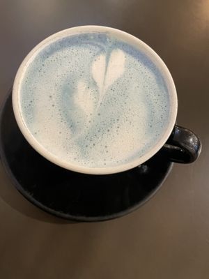 The butterfly pea latte  at Sweet Pea Cafe & Playhouse in Edmonton