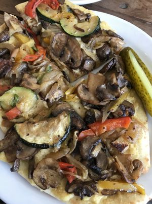 Roasted Veg and Balsamic Flatbread 
AHHHHHmazing! I asked for the pickles on the side! Not usually included!  at Sweet Pea Cafe & Playhouse in Edmonton