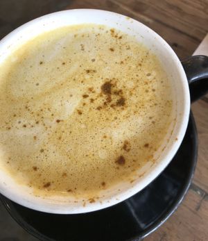 Golden Latte, coconut mylk, no sweet. 
Sooooo delicious!  at Sweet Pea Cafe & Playhouse in Edmonton