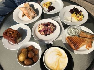 Spanakopita, Roasted Potaoes, Falafel Wrap and Golden Latte. 
All I can say is YUM and you all need to try it!  at Sweet Pea Cafe & Playhouse in Edmonton