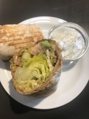 Falafel wrap! Love that dip!!! at Sweet Pea Cafe & Playhouse in Edmonton