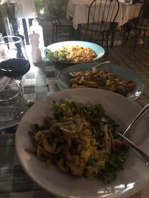 Giant beans, mixed veggies and salad - we ordered extra food to take the leftovers up to the monasteries as there aren’t any restaurants up at Meteora.   at Valia Calda in Kalampaka