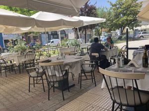 Outdoor tables at Valia Calda in Kalampaka