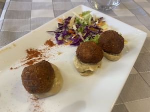 Starter : “meatballs” made from nuts with mustard sauce   at Valia Calda in Kalampaka