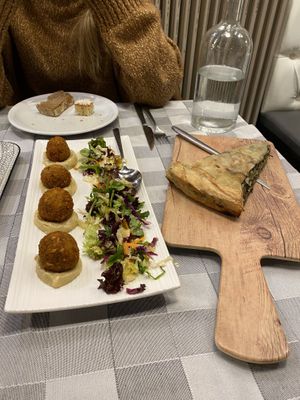 Walnut balls and pie of the day (leek vegan) at Valia Calda in Kalampaka