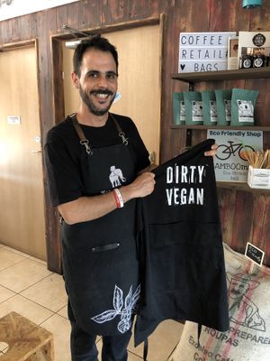 The owner who is vegan at Espressaki in Crete